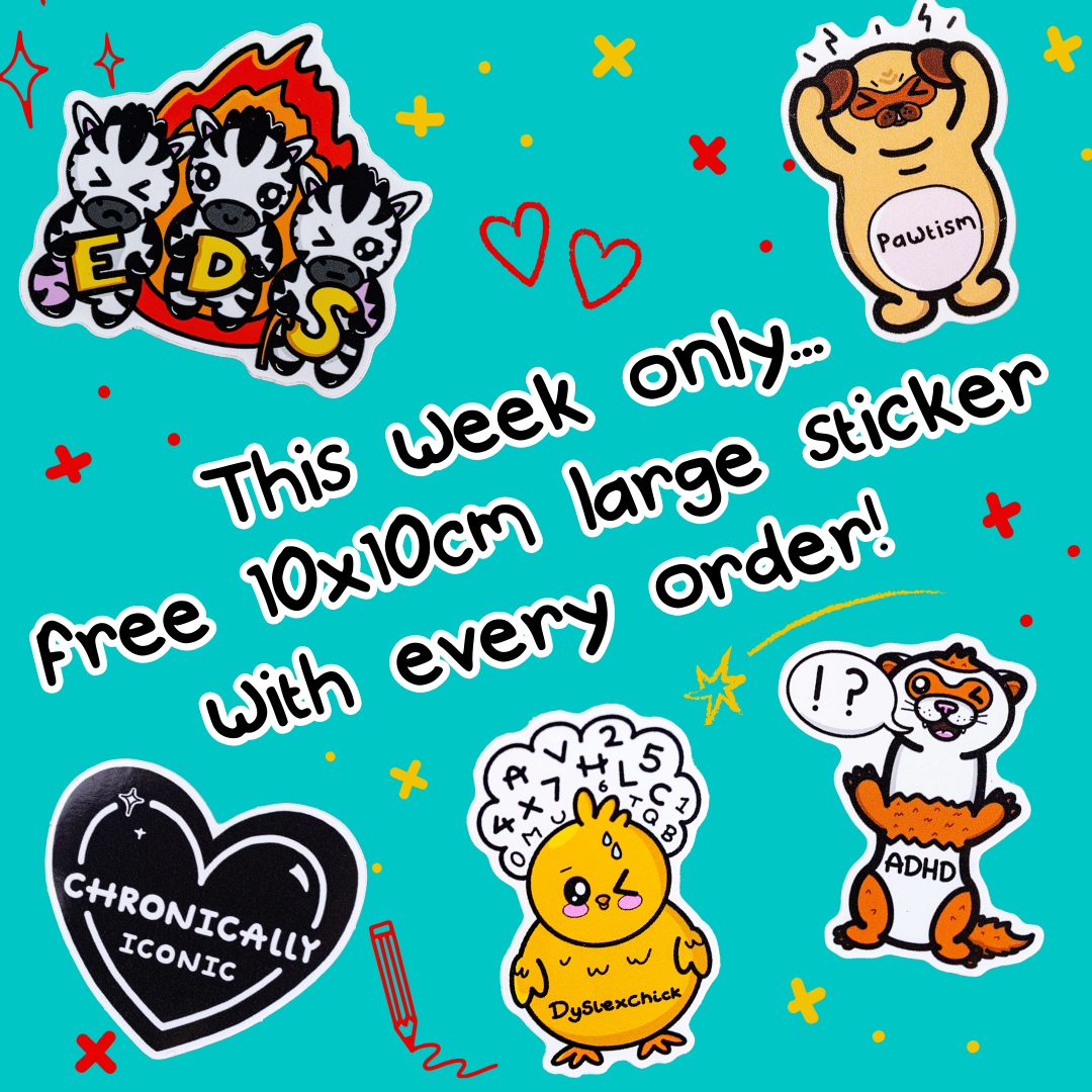 a graphic with multiple Innabox hand drawn designed stickers with various animal puns and chronic illnesses. This week only receieve a free 10x10cm large sticker with every order