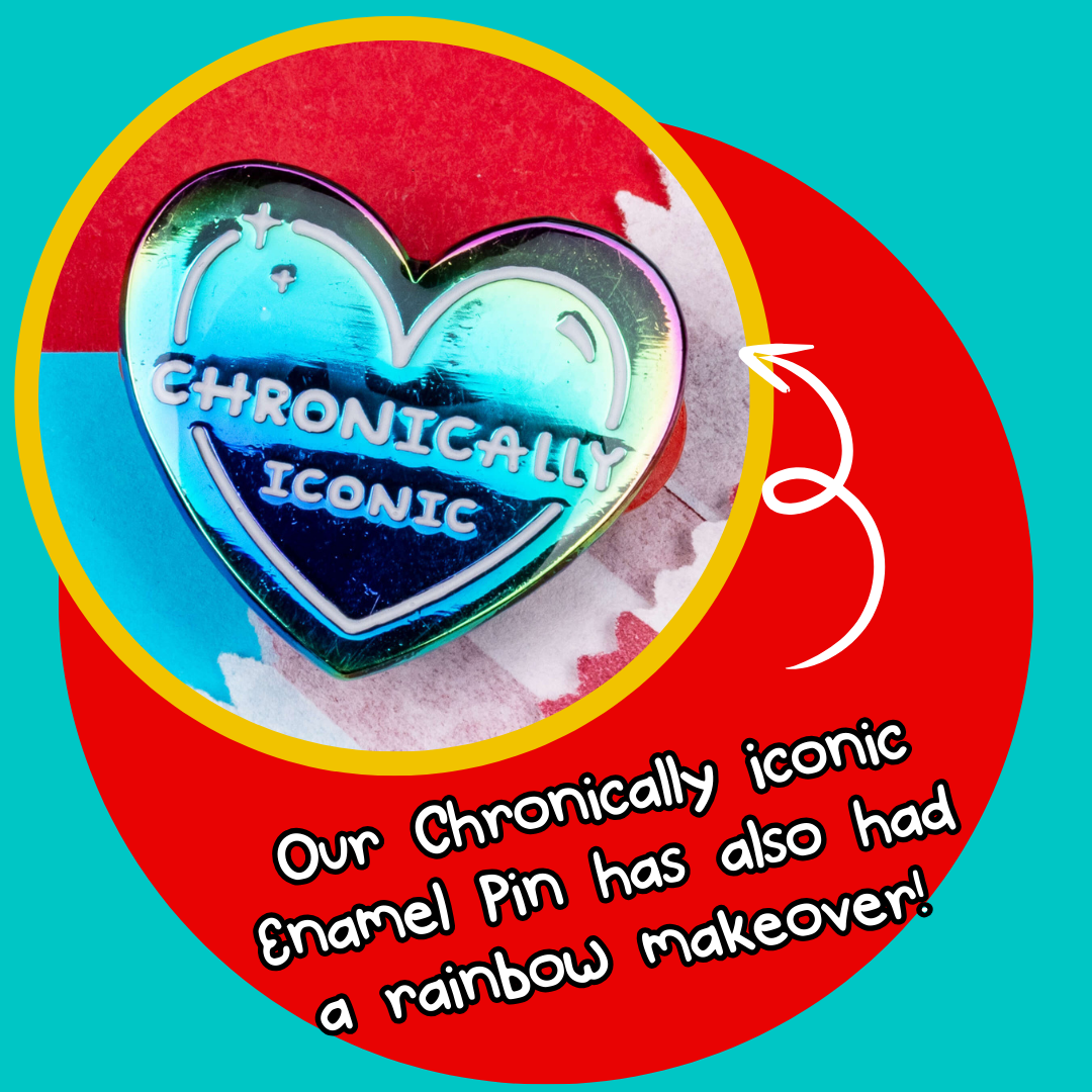 The anodised rainbow heart shaped pin has a white outline with sparkles and text reading 'chronically iconic'. The design was created to raise awareness for chronic illness and invisible illness.