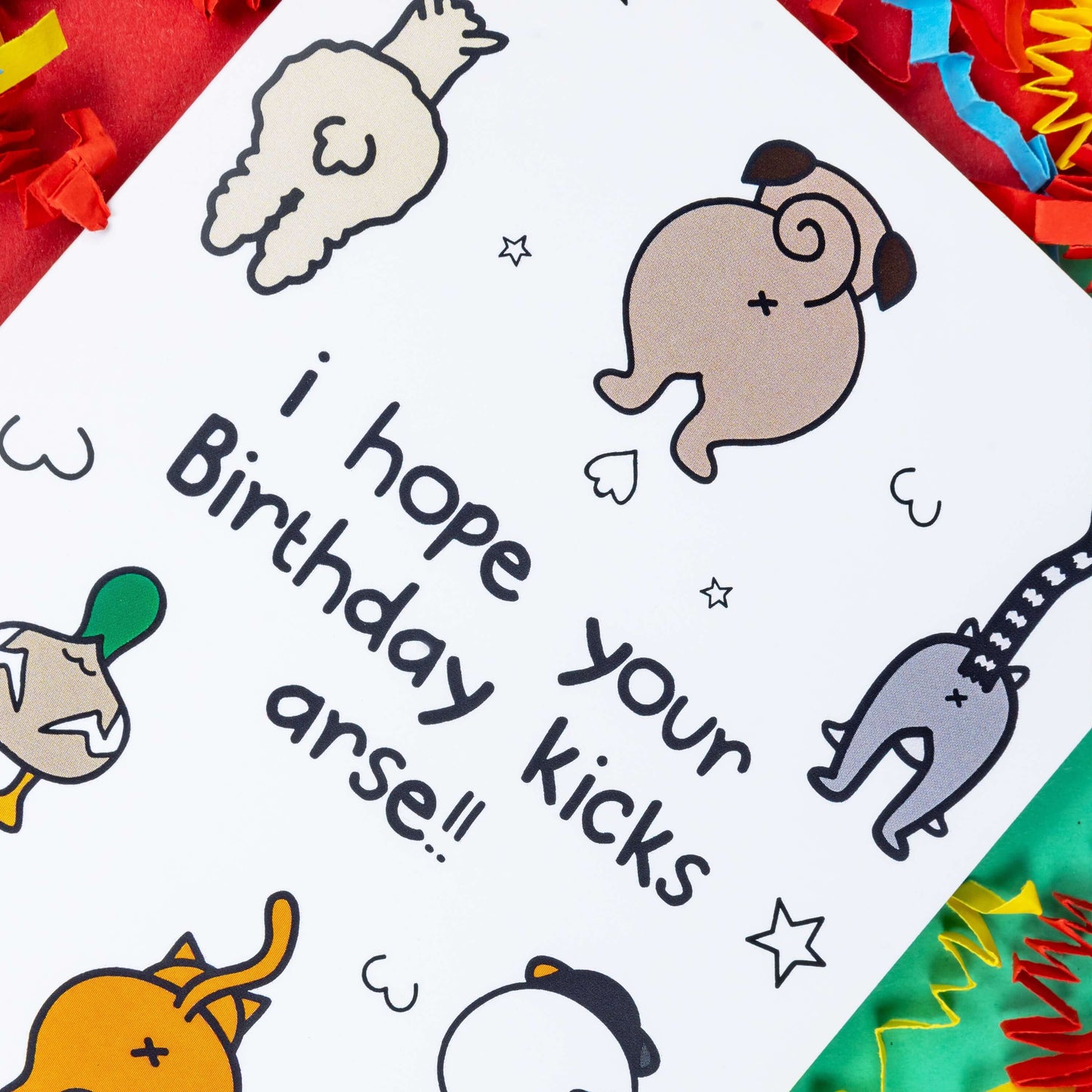 The I Hope Your Birthday Kicks Arse Card on red, blue and green card with red, yellow and blue crinkle card. The a6 white cheeky birthday card with various animal illustrations with their backs to the cameras showing their bums. 'I hope your Birthday kicks arse!!' is written in black on the card.