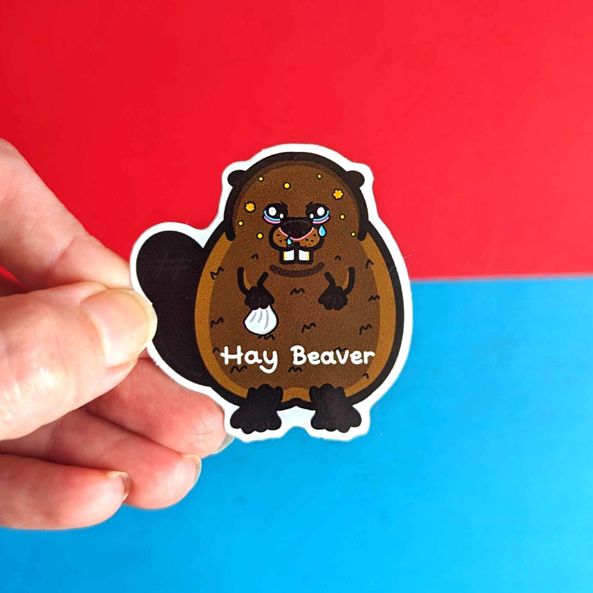 Hay Beaver Sticker held over a red and blue background. The brown beaver sticker has watery eyes, dripping nose and yellow spots holding a tissue with 'hay beaver' written in white across its lower body. The hand drawn design is raising awareness for hay fever and allergic rhinitis.