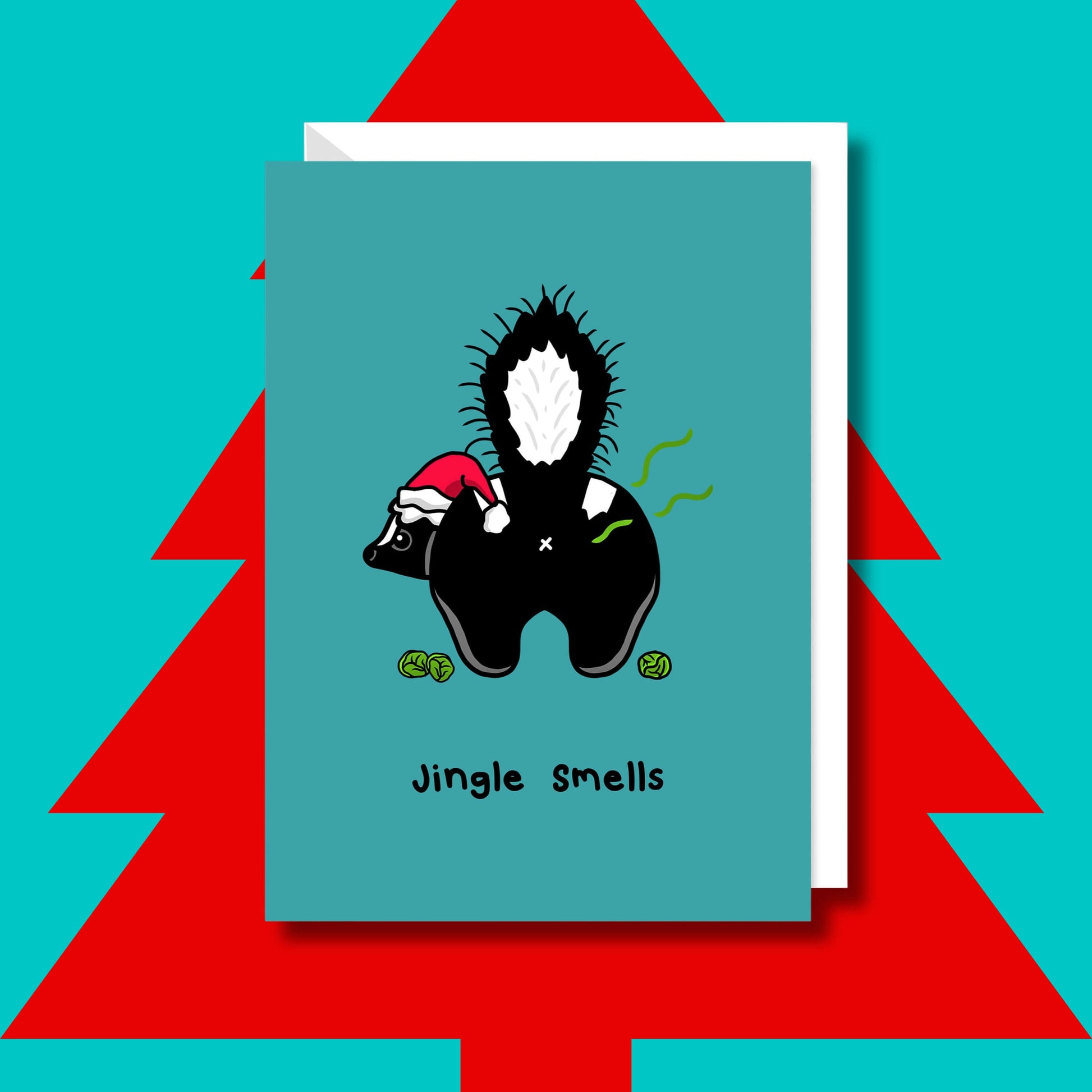 The Jingle Smells Skunk Christmas Card on a red and blue background. The blue a6 christmas card features a black and white skunk wearing a red santa hat facing away showing its bum with green stink lines and brussels sprouts at its feet. The cheeky card is a great option during the festive season.