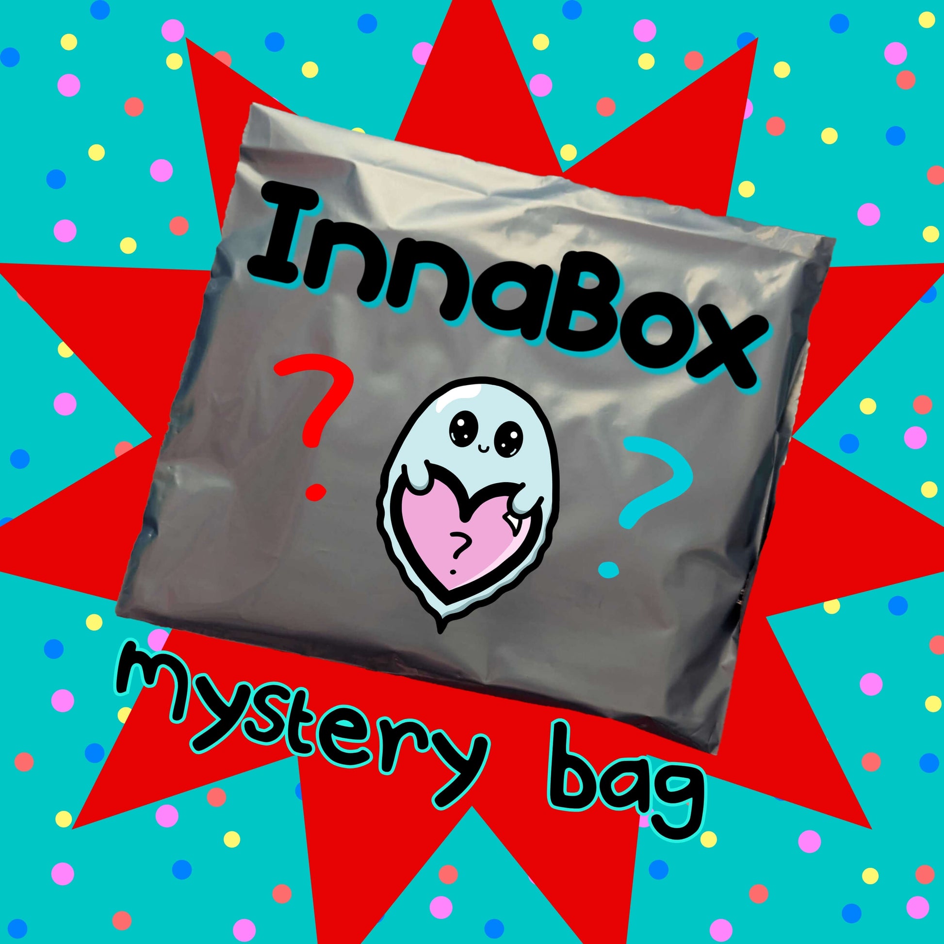 The Mystery Bag from Innabox featuring £30 worth of goodies for £15. The graphic features a silver parcel with the innabox logo and smiling ghost logo on a red starburst on top of a blue background with rainbow polka dots and bottom black text reading 'mystery bag'.
