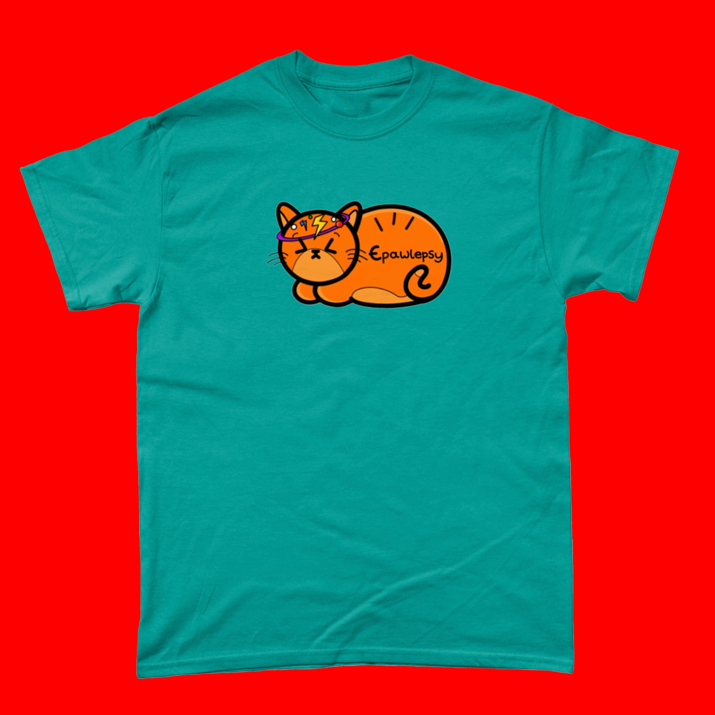 Epawlepsy Tee - Epilepsy. The antique jade cotton t-shirt is a ginger cat with eyes scrunched closed and symbols to represent a dizzy spell drawn across his head. Epawlepsy is written on the cats stomach. Tee is designed to raise awareness for epilepsy