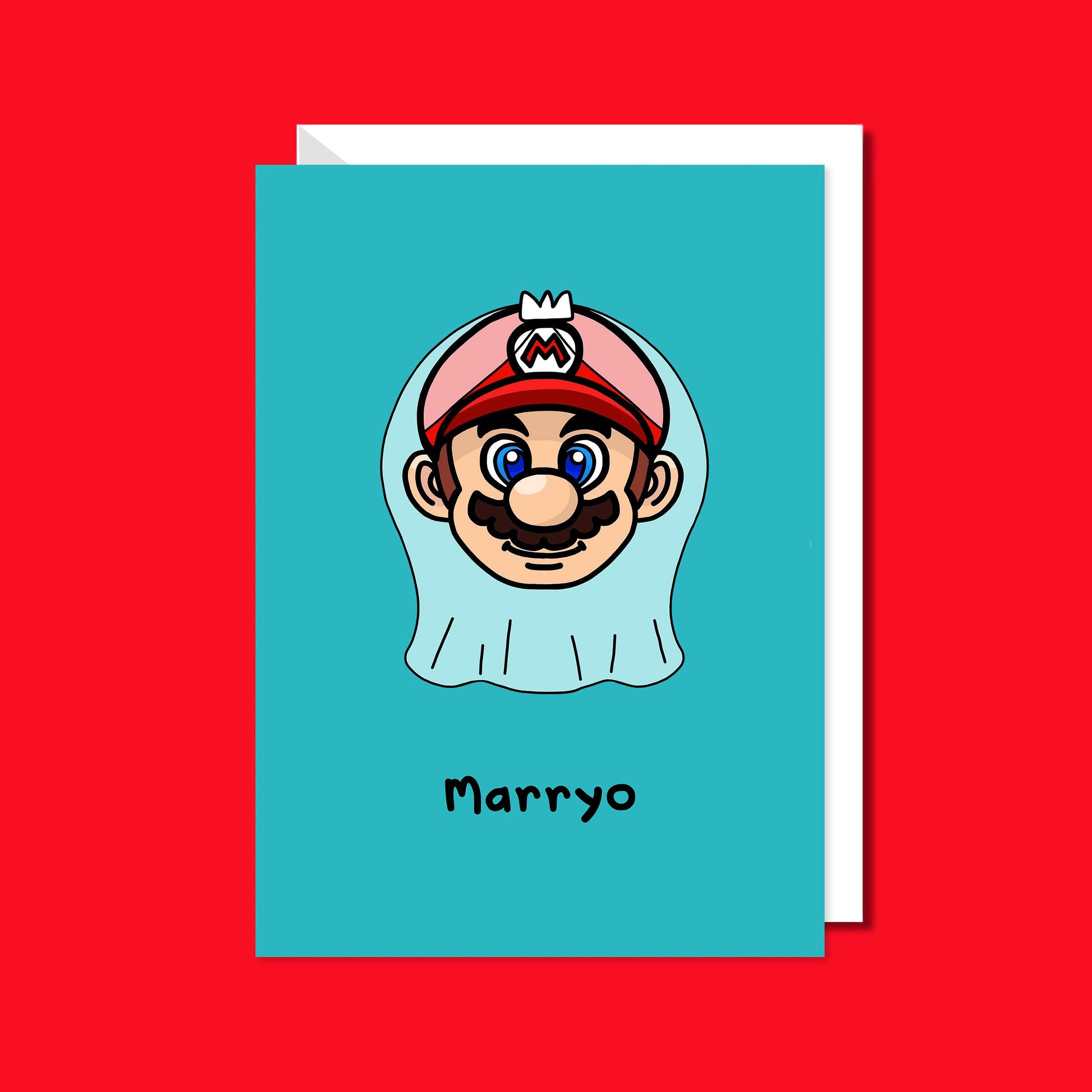 The Marryo - Mario Engagement Wedding Card on a red background with a white envelope underneath. The blue a6 congratulations card features a smiling nintendo mario character head wearing a white bridal wedding veil, underneath him is black text reading 'Marryo'.
